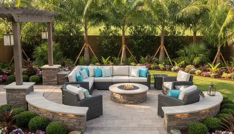 Backyard patio with hardscape, lighting, and lush landscaping by Chop Chop Landscaping in Lakeland, FL