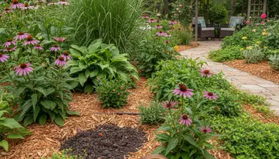 Organic landscape beds with lush plants and mulch in sustainable Lakeland FL yard by Chop Chop Landscaping