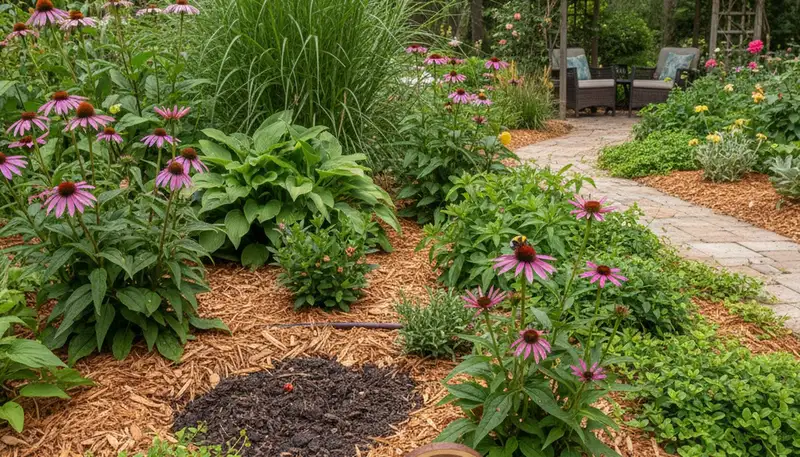 Organic landscape beds with lush plants and mulch in sustainable Lakeland FL yard by Chop Chop Landscaping