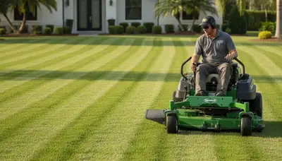 Commercial mower creating precise striped lawn patterns by Chop Chop Landscaping in Lakeland, FL