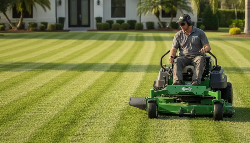 Commercial mower creating precise striped lawn patterns by Chop Chop Landscaping in Lakeland, FL