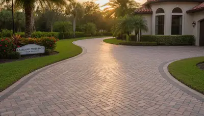 Curved paver driveway installation by professional landscapers in Lakeland, FL