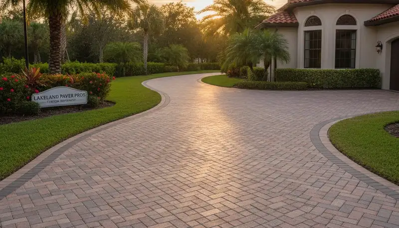 Curved paver driveway installation by professional landscapers in Lakeland, FL