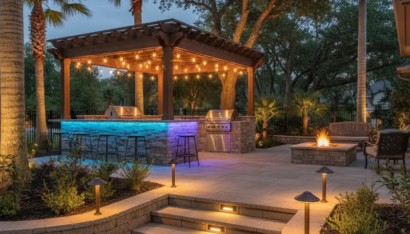 Illuminated deck and patio with post cap and step lights by Chop Chop Landscaping in Lakeland, FL