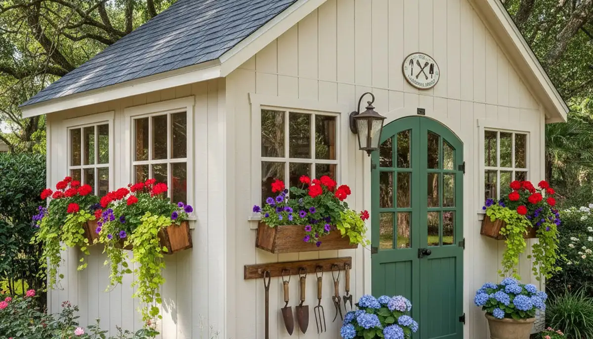 Decorative garden shed with landscape design by Chop Chop Landscaping in Lakeland, FL