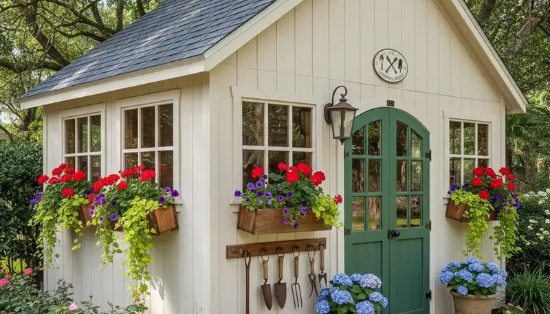 Decorative garden shed with landscape design by Chop Chop Landscaping in Lakeland, FL