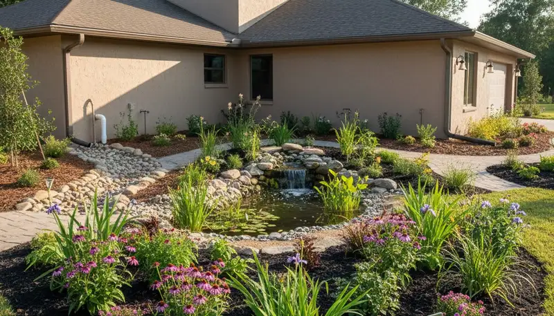 Rain garden with native plants and water-saving design by organic landscapers in Lakeland, FL