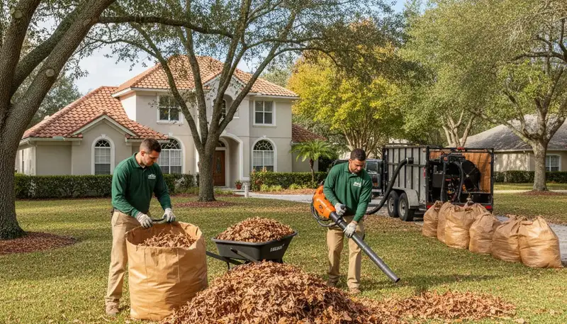 Technicians performing fall leaf removal and yard clean up at a residential lawn in Lakeland, FL