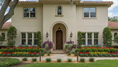Front yard landscaping with colorful flowers and shaped shrubs in Lakeland, FL by Chop Chop Landscaping