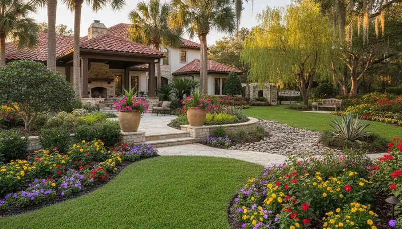 Full property landscape transformation with lawn, hardscape, and gardens in Lakeland, FL