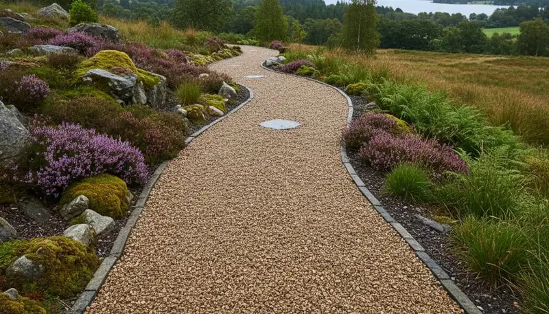 Pea gravel garden pathway in Lakeland FL showcasing professional landscaping and natural drainage design