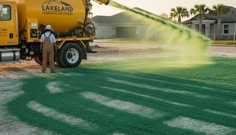 Hydroseeder truck spraying green slurry for new lawn installation in Lakeland, FL landscaping project