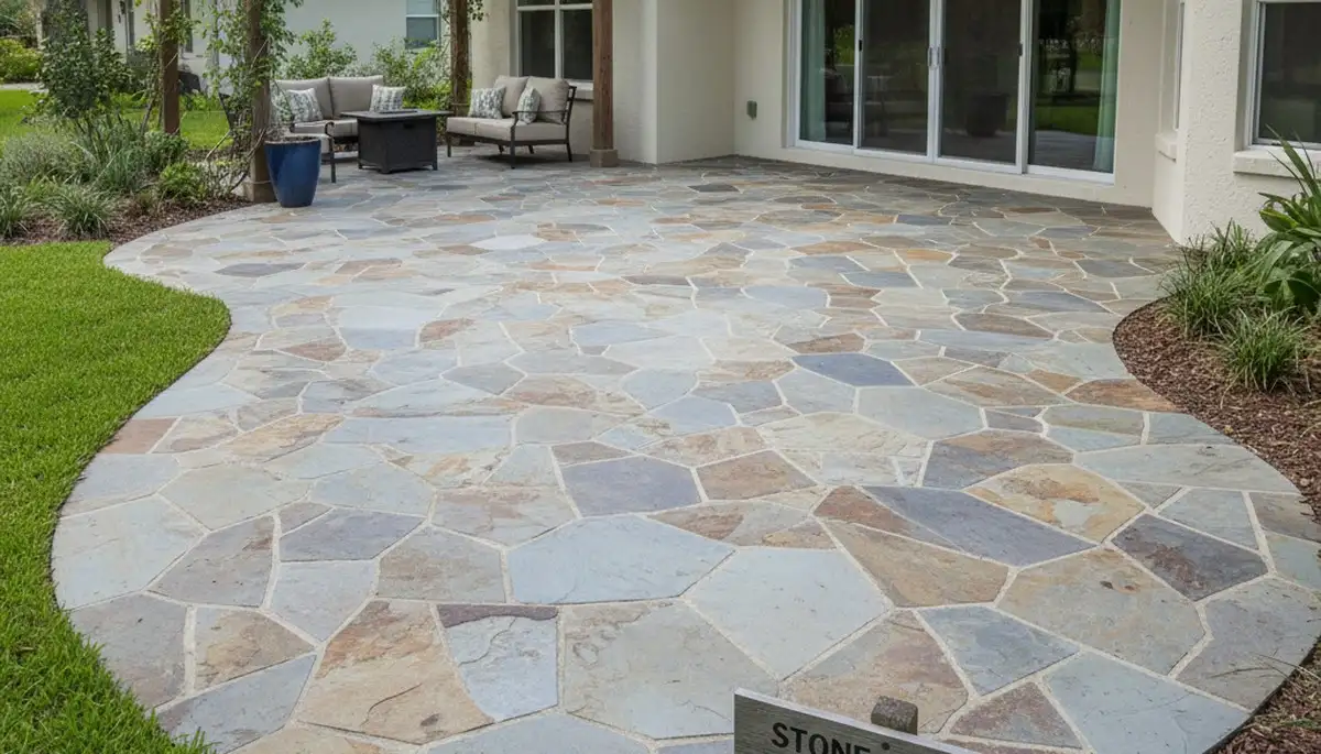 Modern large format stone patio installation by Chop Chop Landscaping in Lakeland, FL