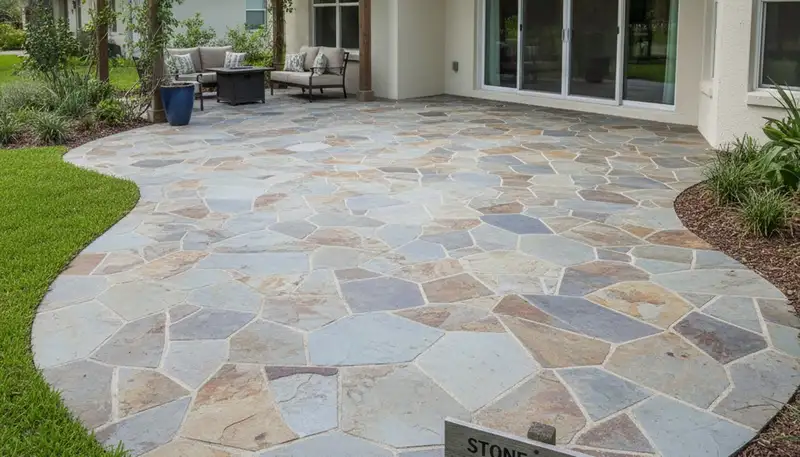 Modern large format stone patio installation by Chop Chop Landscaping in Lakeland, FL