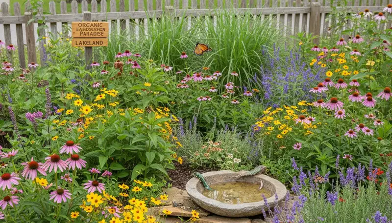 Native pollinator garden with bees and butterflies, organic landscaping in Lakeland FL