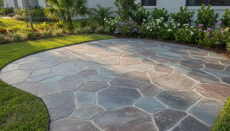 Natural flagstone patio installation by professional stone pavers in Lakeland, FL landscaping project