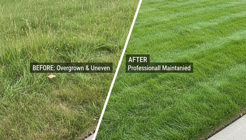Before and after lawn mowing transformation by Chop Chop Landscaping in Lakeland, FL