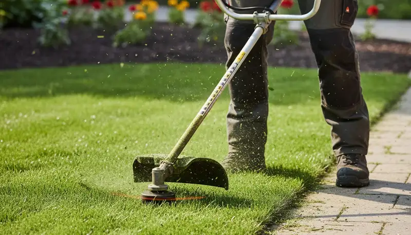 Technician performing precise lawn edge trimming with string trimmer in Lakeland, FL landscaping service