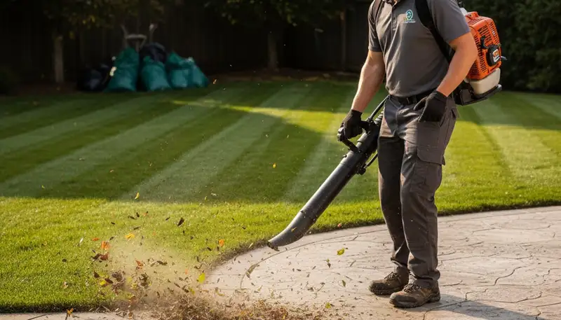Technician using leaf blower for lawn debris cleanup in Lakeland, FL by Chop Chop Landscaping