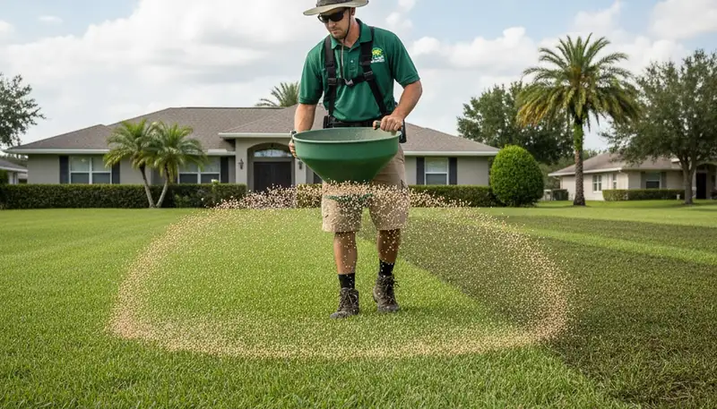 Lawn care technician applying fertilizer with spreader on residential yard in Lakeland, FL