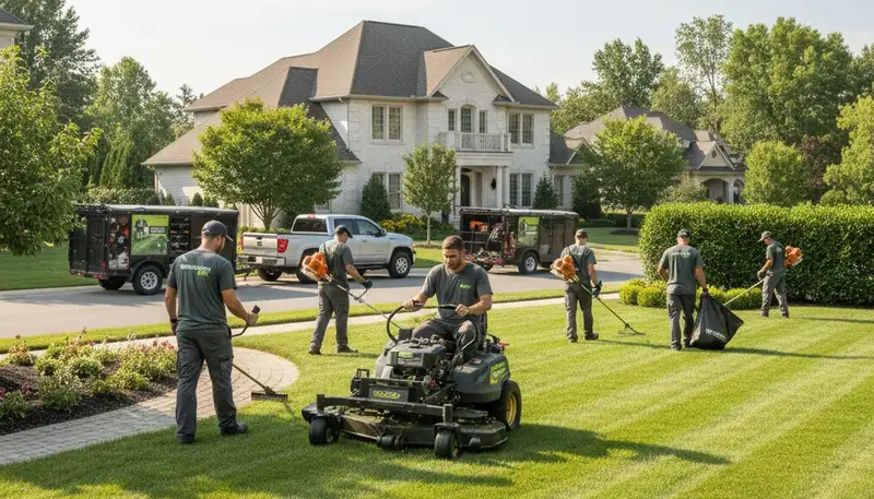 Professional lawn mowing and edging crew maintaining a residential yard in Lakeland, FL