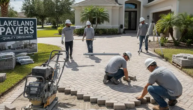 Professional crew installing driveway pavers in Lakeland, FL with precise base prep and leveling