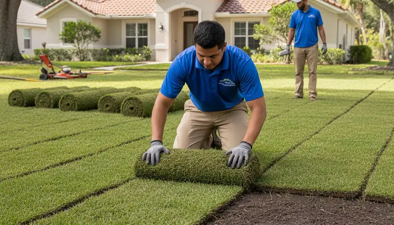 Professional landscaper installing sod rolls with precision in Lakeland, FL lawn care project