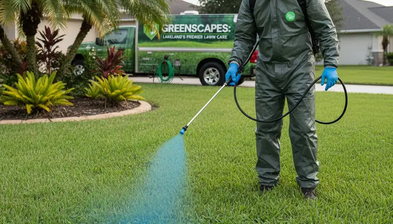 Technician applying targeted weed control with sprayer for Lakeland FL lawn care service