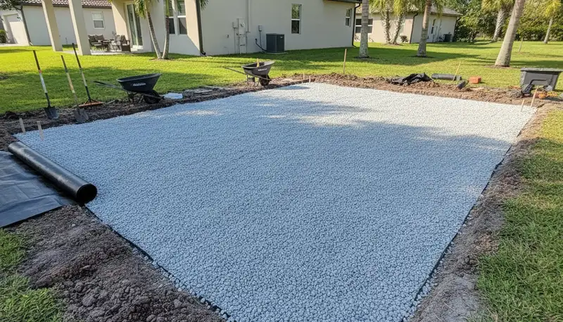 Professionally leveled shed foundation with gravel base and drainage by landscapers in Lakeland, FL