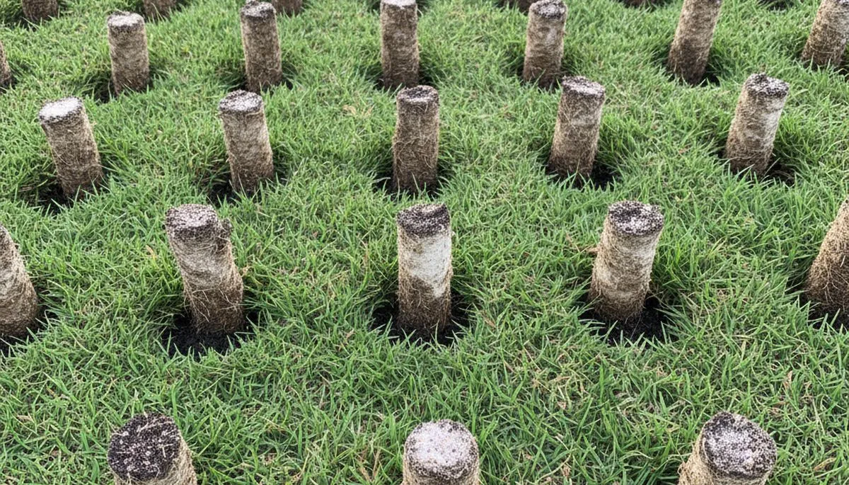 Close-up of soil core plugs after professional lawn aeration in Lakeland, FL by Chop Chop Landscaping