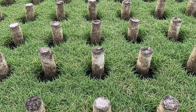 Close-up of soil core plugs after professional lawn aeration in Lakeland, FL by Chop Chop Landscaping