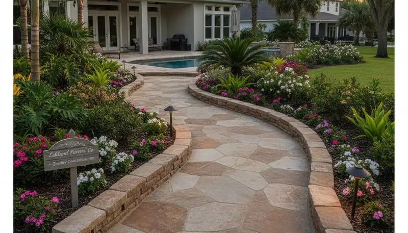 Curved stone paver pathway with professional landscaping in Lakeland, FL by Chop Chop Landscaping